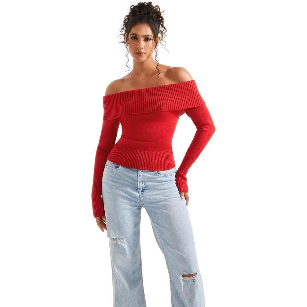 Women Red Brown Off Shoulder Long Sleeve Tops Blouse Sweaters - Picture 4 of 6